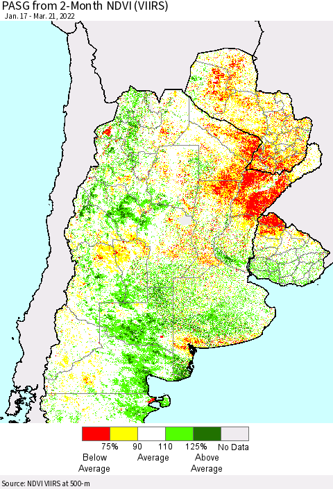 Southern South America PASG from 2-Month NDVI (VIIRS) Thematic Map For 3/14/2022 - 3/21/2022