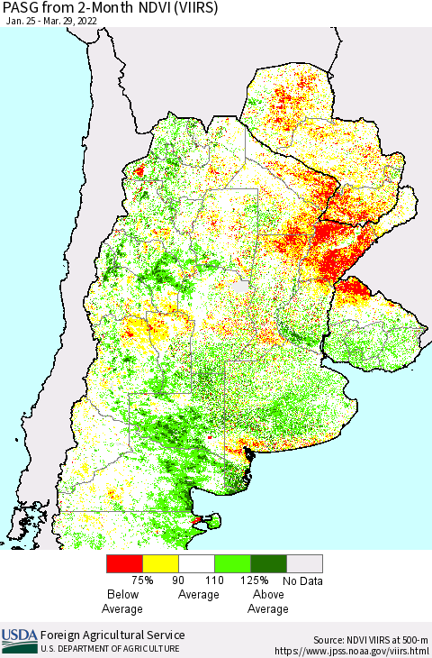Southern South America PASG from 2-Month NDVI (VIIRS) Thematic Map For 3/21/2022 - 3/31/2022