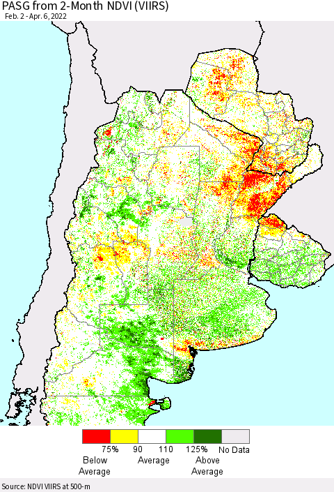 Southern South America PASG from 2-Month NDVI (VIIRS) Thematic Map For 3/30/2022 - 4/6/2022