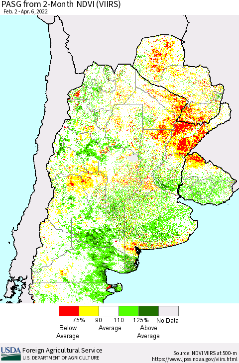 Southern South America PASG from 2-Month NDVI (VIIRS) Thematic Map For 4/1/2022 - 4/10/2022