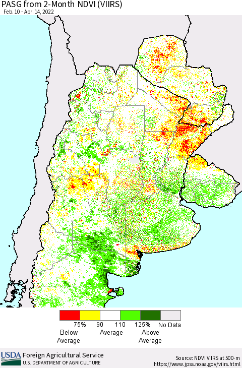 Southern South America PASG from 2-Month NDVI (VIIRS) Thematic Map For 4/11/2022 - 4/20/2022