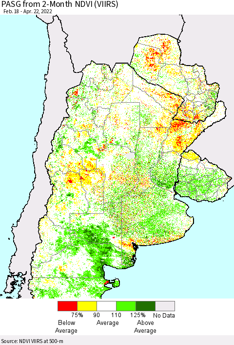 Southern South America PASG from 2-Month NDVI (VIIRS) Thematic Map For 4/15/2022 - 4/22/2022