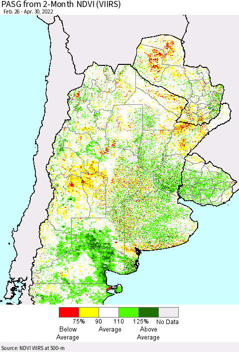 Southern South America PASG from 2-Month NDVI (VIIRS) Thematic Map For 4/21/2022 - 4/30/2022