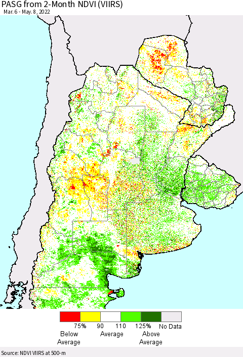 Southern South America PASG from 2-Month NDVI (VIIRS) Thematic Map For 5/1/2022 - 5/8/2022