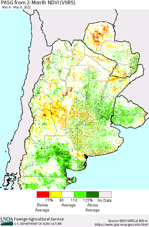 Southern South America PASG from 2-Month NDVI (VIIRS) Thematic Map For 5/1/2022 - 5/10/2022