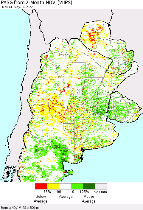 Southern South America PASG from 2-Month NDVI (VIIRS) Thematic Map For 5/9/2022 - 5/16/2022