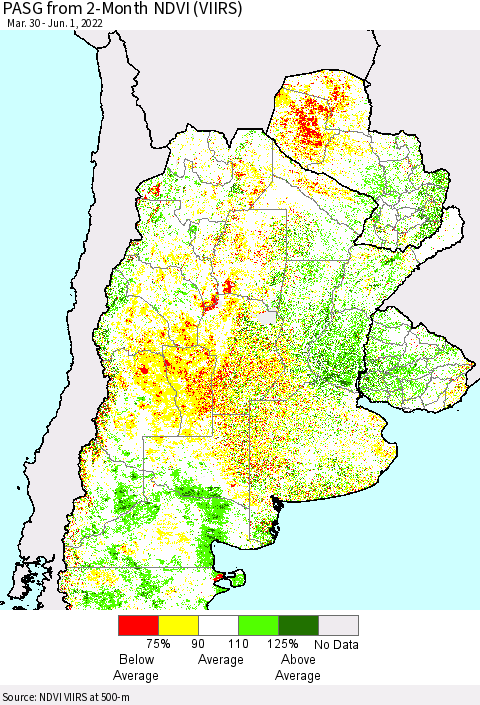 Southern South America PASG from 2-Month NDVI (VIIRS) Thematic Map For 5/25/2022 - 6/1/2022