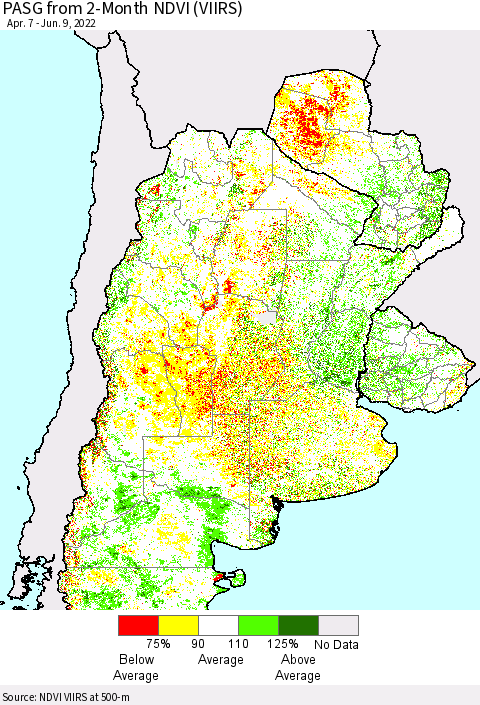 Southern South America PASG from 2-Month NDVI (VIIRS) Thematic Map For 6/2/2022 - 6/9/2022