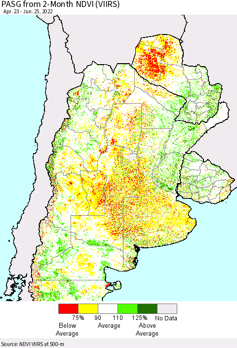 Southern South America PASG from 2-Month NDVI (VIIRS) Thematic Map For 6/18/2022 - 6/25/2022