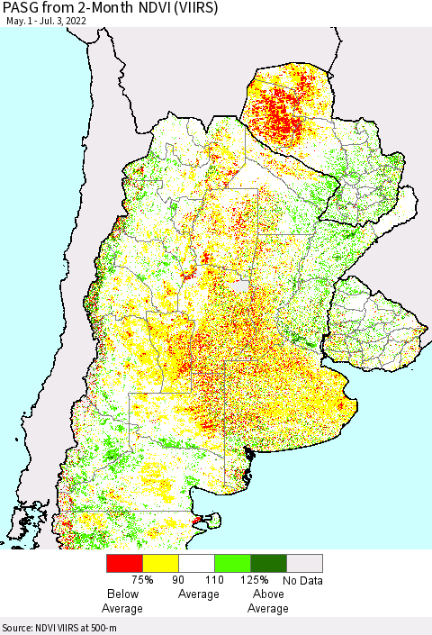 Southern South America PASG from 2-Month NDVI (VIIRS) Thematic Map For 6/26/2022 - 7/3/2022