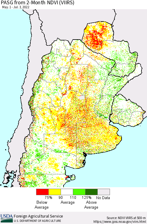Southern South America PASG from 2-Month NDVI (VIIRS) Thematic Map For 7/1/2022 - 7/10/2022