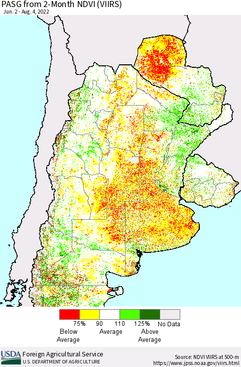 Southern South America PASG from 2-Month NDVI (VIIRS) Thematic Map For 8/1/2022 - 8/10/2022