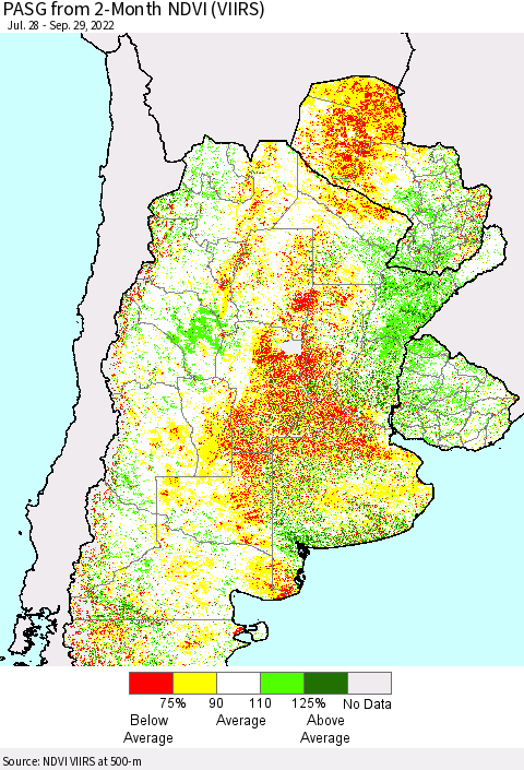 Southern South America PASG from 2-Month NDVI (VIIRS) Thematic Map For 9/22/2022 - 9/29/2022