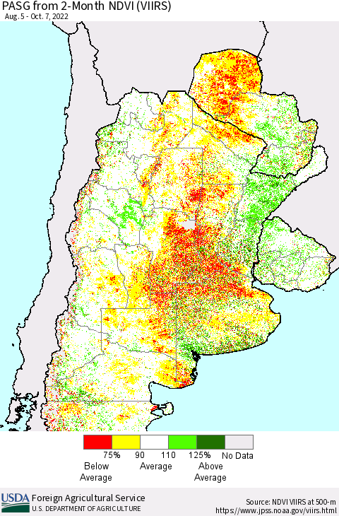 Southern South America PASG from 2-Month NDVI (VIIRS) Thematic Map For 10/1/2022 - 10/10/2022