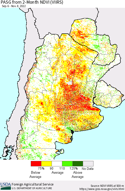 Southern South America PASG from 2-Month NDVI (VIIRS) Thematic Map For 11/1/2022 - 11/10/2022