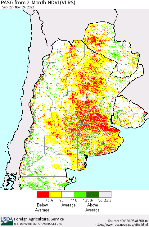 Southern South America PASG from 2-Month NDVI (VIIRS) Thematic Map For 11/21/2022 - 11/30/2022