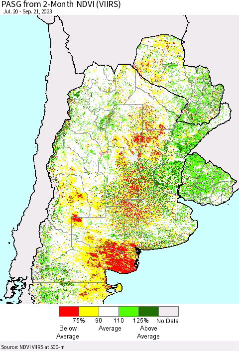 Southern South America PASG from 2-Month NDVI (VIIRS) Thematic Map For 9/14/2023 - 9/21/2023