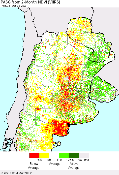 Southern South America PASG from 2-Month NDVI (VIIRS) Thematic Map For 10/8/2023 - 10/15/2023