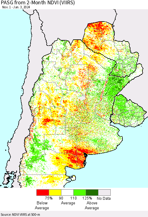 Southern South America PASG from 2-Month NDVI (VIIRS) Thematic Map For 12/27/2023 - 1/3/2024