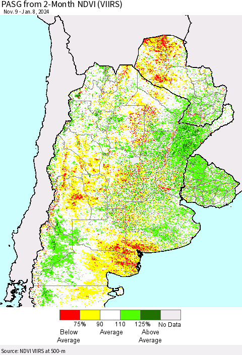 Southern South America PASG from 2-Month NDVI (VIIRS) Thematic Map For 1/1/2024 - 1/8/2024