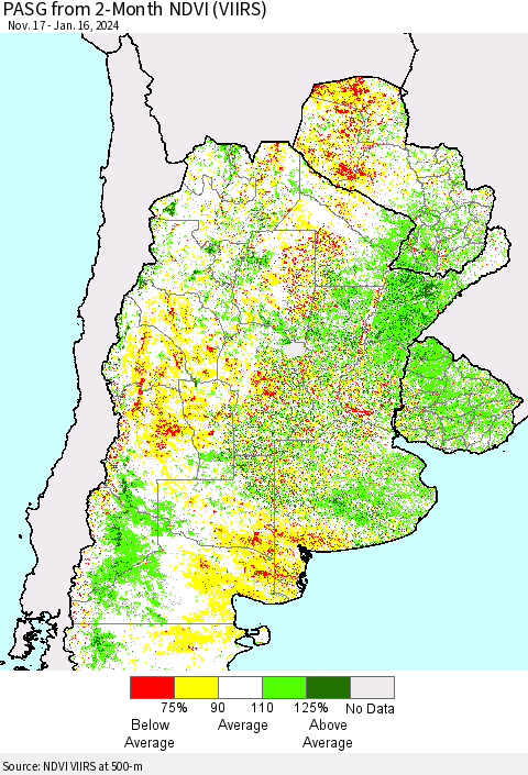 Southern South America PASG from 2-Month NDVI (VIIRS) Thematic Map For 1/9/2024 - 1/16/2024