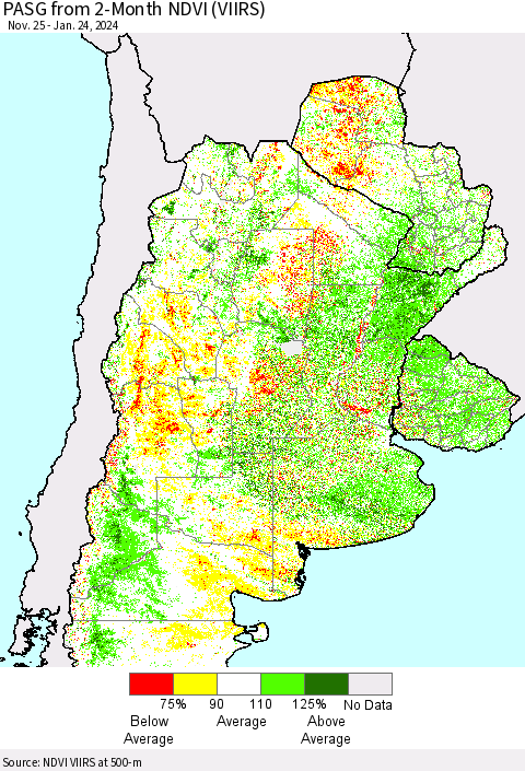 Southern South America PASG from 2-Month NDVI (VIIRS) Thematic Map For 1/17/2024 - 1/24/2024