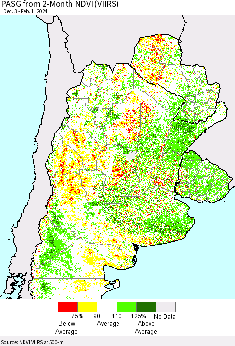 Southern South America PASG from 2-Month NDVI (VIIRS) Thematic Map For 1/25/2024 - 2/1/2024