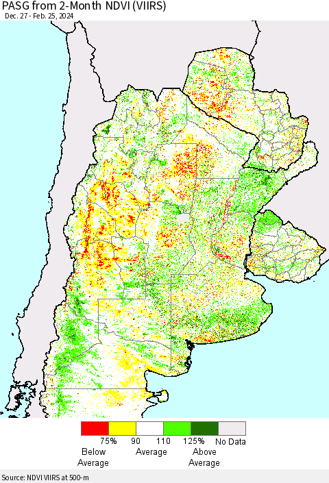 Southern South America PASG from 2-Month NDVI (VIIRS) Thematic Map For 2/18/2024 - 2/25/2024