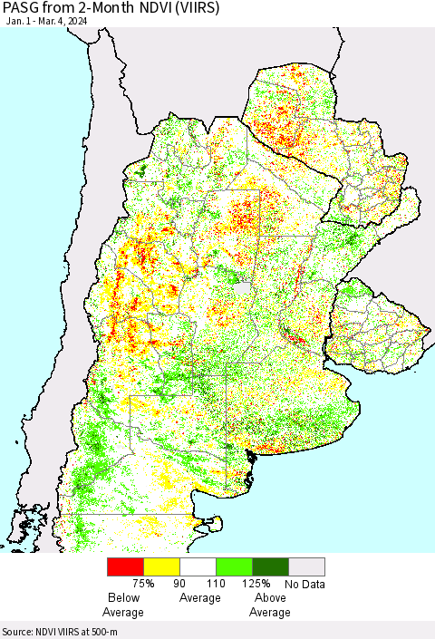 Southern South America PASG from 2-Month NDVI (VIIRS) Thematic Map For 2/26/2024 - 3/4/2024