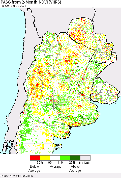 Southern South America PASG from 2-Month NDVI (VIIRS) Thematic Map For 3/5/2024 - 3/12/2024