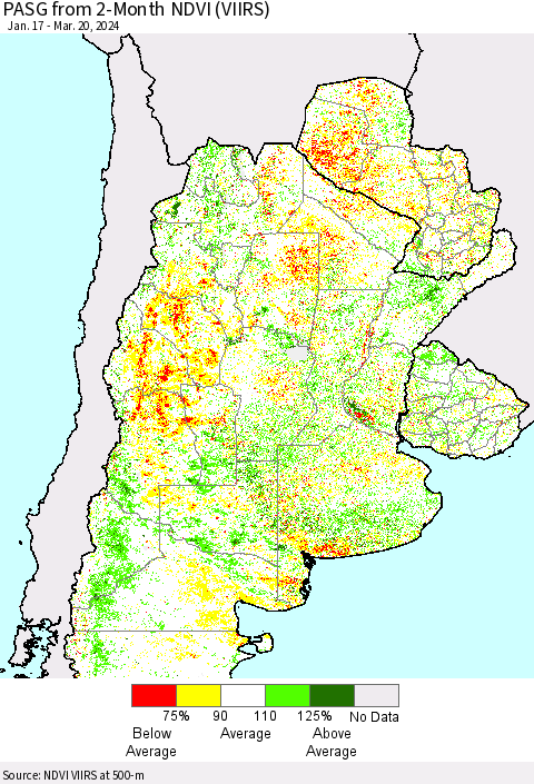 Southern South America PASG from 2-Month NDVI (VIIRS) Thematic Map For 3/13/2024 - 3/20/2024