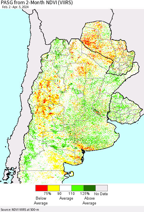 Southern South America PASG from 2-Month NDVI (VIIRS) Thematic Map For 3/29/2024 - 4/5/2024
