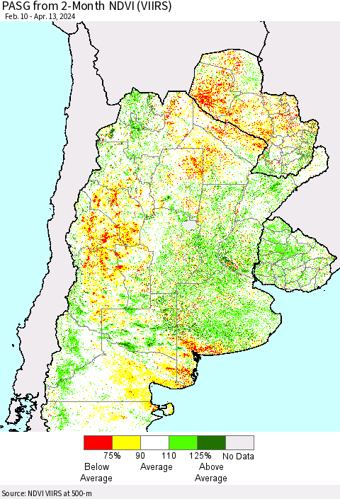 Southern South America PASG from 2-Month NDVI (VIIRS) Thematic Map For 4/6/2024 - 4/13/2024