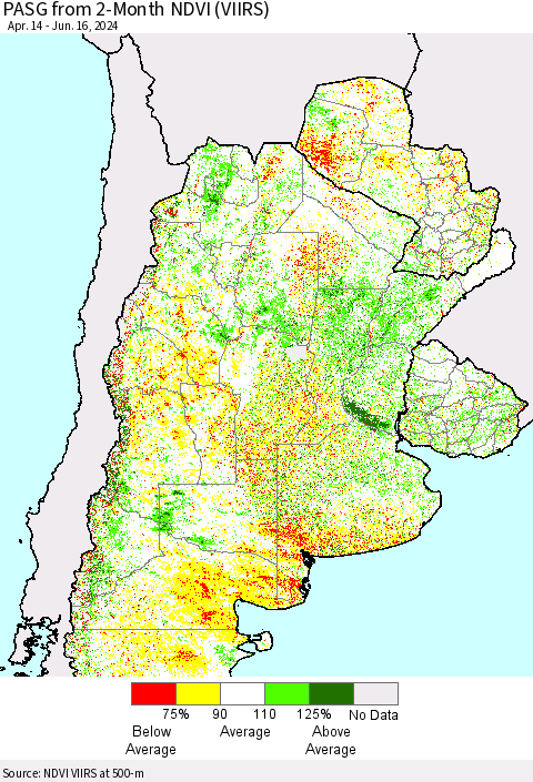 Southern South America PASG from 2-Month NDVI (VIIRS) Thematic Map For 6/9/2024 - 6/16/2024