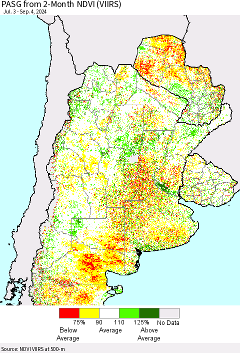 Southern South America PASG from 2-Month NDVI (VIIRS) Thematic Map For 8/28/2024 - 9/4/2024