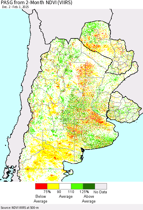 Southern South America PASG from 2-Month NDVI (VIIRS) Thematic Map For 1/25/2025 - 2/1/2025