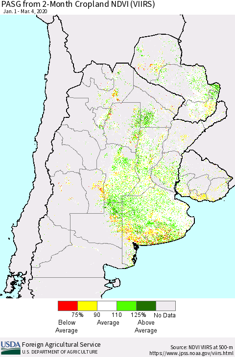 Southern South America PASG from 2-Month Cropland NDVI (VIIRS) Thematic Map For 3/1/2020 - 3/10/2020
