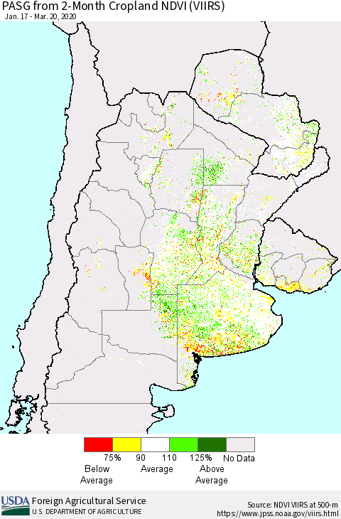 Southern South America PASG from 2-Month Cropland NDVI (VIIRS) Thematic Map For 3/11/2020 - 3/20/2020