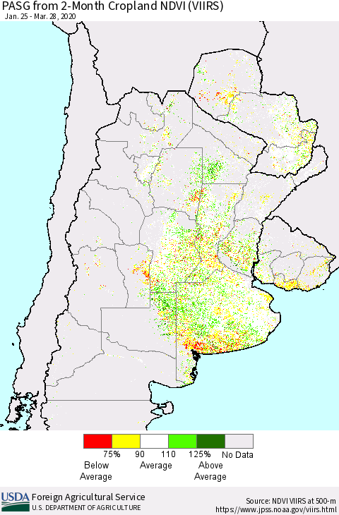Southern South America PASG from 2-Month Cropland NDVI (VIIRS) Thematic Map For 3/21/2020 - 3/31/2020