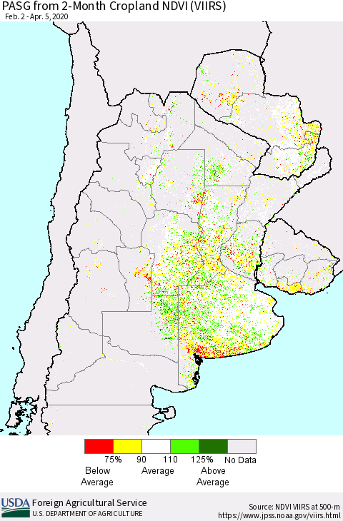 Southern South America PASG from 2-Month Cropland NDVI (VIIRS) Thematic Map For 4/1/2020 - 4/10/2020