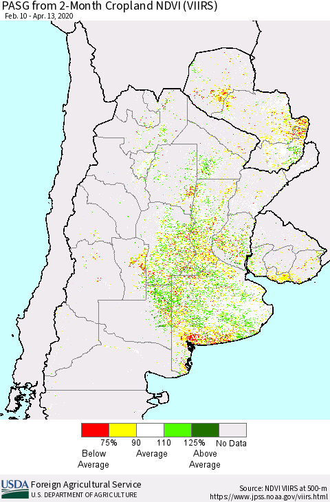 Southern South America PASG from 2-Month Cropland NDVI (VIIRS) Thematic Map For 4/11/2020 - 4/20/2020