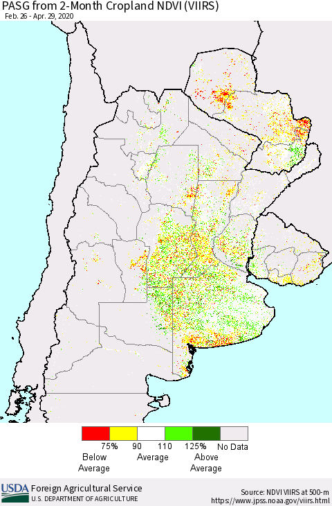 Southern South America PASG from 2-Month Cropland NDVI (VIIRS) Thematic Map For 4/21/2020 - 4/30/2020