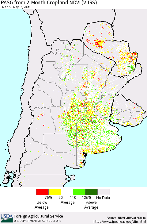 Southern South America PASG from 2-Month Cropland NDVI (VIIRS) Thematic Map For 5/1/2020 - 5/10/2020