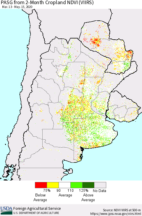 Southern South America PASG from 2-Month Cropland NDVI (VIIRS) Thematic Map For 5/11/2020 - 5/20/2020