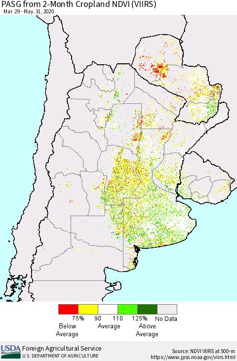 Southern South America PASG from 2-Month Cropland NDVI (VIIRS) Thematic Map For 5/21/2020 - 5/31/2020