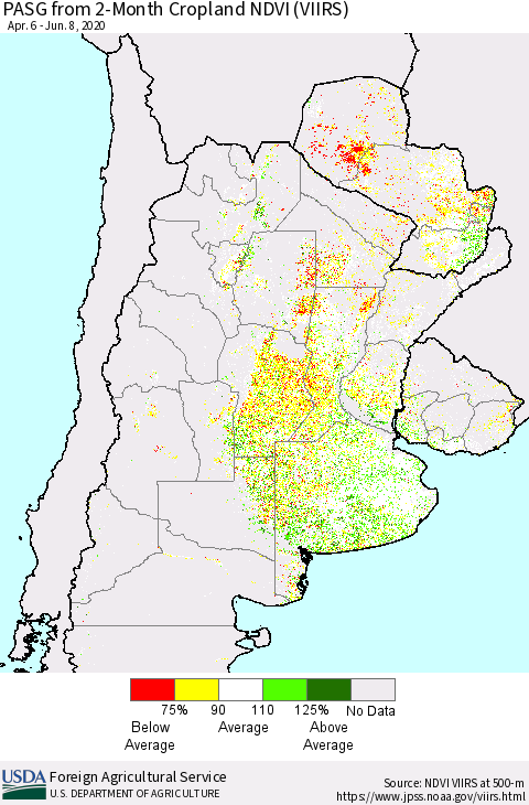 Southern South America PASG from 2-Month Cropland NDVI (VIIRS) Thematic Map For 6/1/2020 - 6/10/2020
