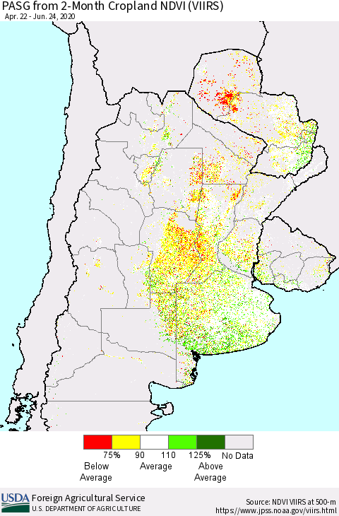 Southern South America PASG from 2-Month Cropland NDVI (VIIRS) Thematic Map For 6/21/2020 - 6/30/2020