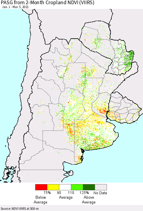 Southern South America PASG from 2-Month Cropland NDVI (VIIRS) Thematic Map For 2/26/2021 - 3/5/2021