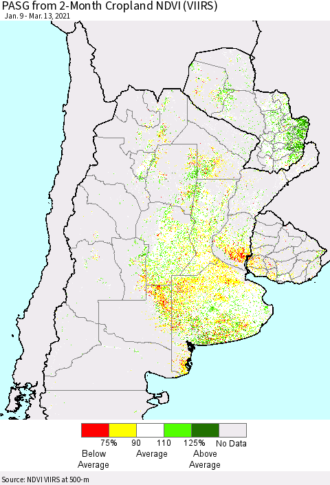 Southern South America PASG from 2-Month Cropland NDVI (VIIRS) Thematic Map For 3/6/2021 - 3/13/2021