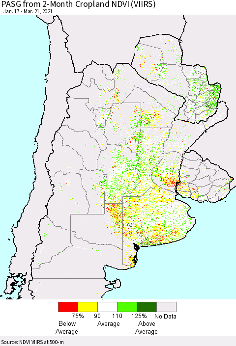 Southern South America PASG from 2-Month Cropland NDVI (VIIRS) Thematic Map For 3/14/2021 - 3/21/2021